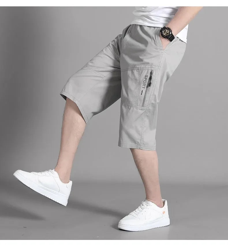 Mens Cargo Shorts Knee Pants Zipper Pocket Summer Cotton Shorts Climbing Jogger Elastic Waist Sports Wear Casual Short Pants