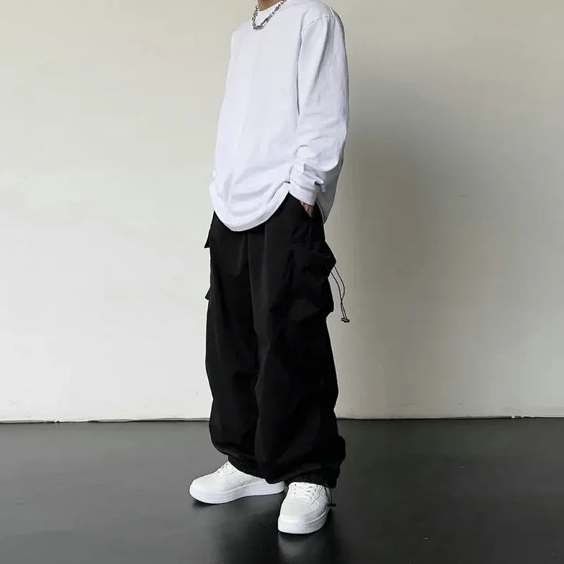 Men's Casual Cargo Pants Fashion Streetwear Classic Man Straight Wide-leg Pants Drawstring Workwear Trendy Loose Cargo Trousers