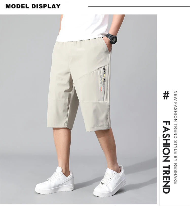 Mens Cargo Shorts Knee Pants Zipper Pocket Summer Cotton Shorts Climbing Jogger Elastic Waist Sports Wear Casual Short Pants