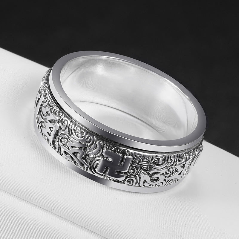 Classic Rotating Mens Rings Silver 925 Simple Original Design Six-character Mantra Ring Masculine and Handsome Banquet Jewelry