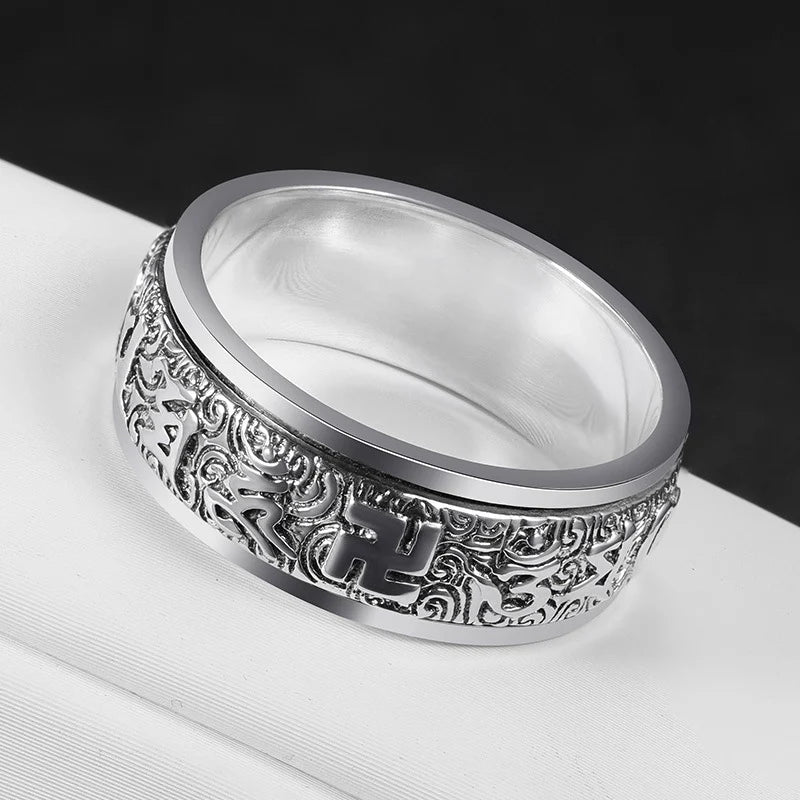 Classic Rotating Mens Rings Silver 925 Simple Original Design Six-character Mantra Ring Masculine and Handsome Banquet Jewelry