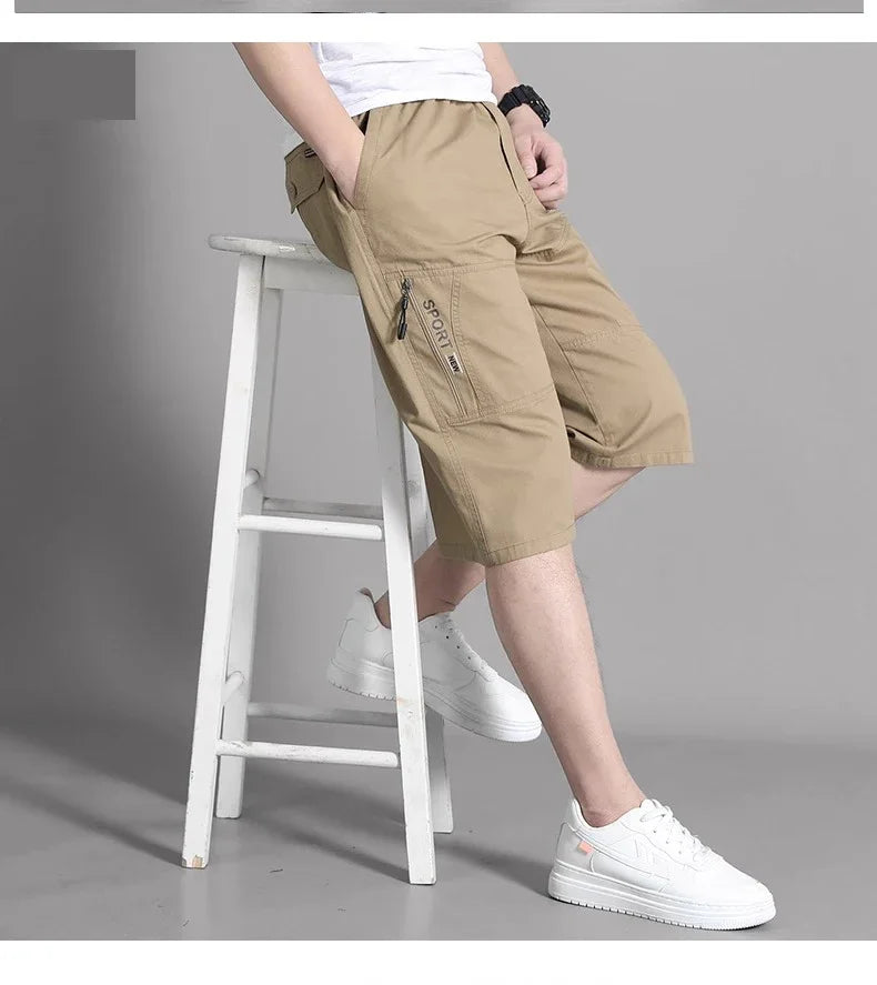 Mens Cargo Shorts Knee Pants Zipper Pocket Summer Cotton Shorts Climbing Jogger Elastic Waist Sports Wear Casual Short Pants