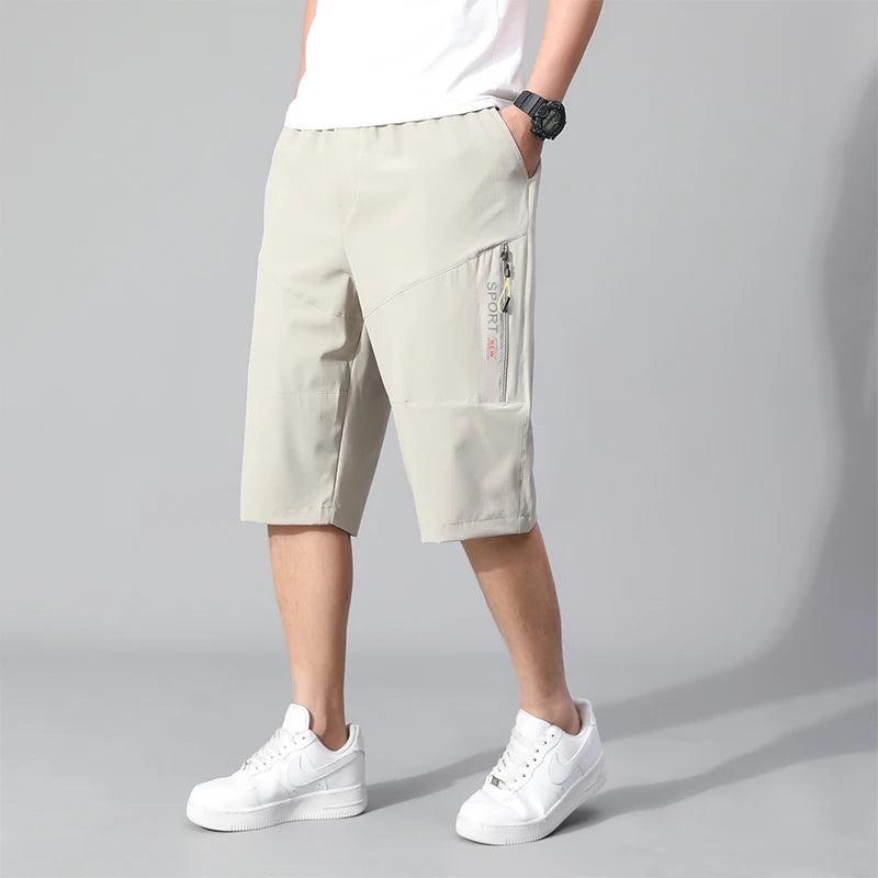 Mens Cargo Shorts Knee Pants Zipper Pocket Summer Cotton Shorts Climbing Jogger Elastic Waist Sports Wear Casual Short Pants