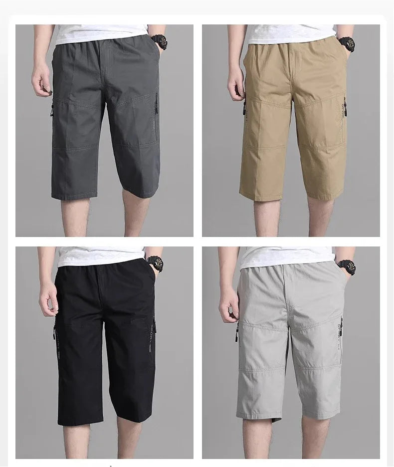 Mens Cargo Shorts Knee Pants Zipper Pocket Summer Cotton Shorts Climbing Jogger Elastic Waist Sports Wear Casual Short Pants