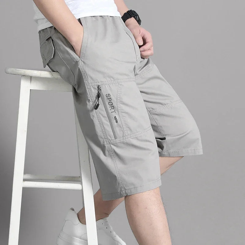Mens Cargo Shorts Knee Pants Zipper Pocket Summer Cotton Shorts Climbing Jogger Elastic Waist Sports Wear Casual Short Pants