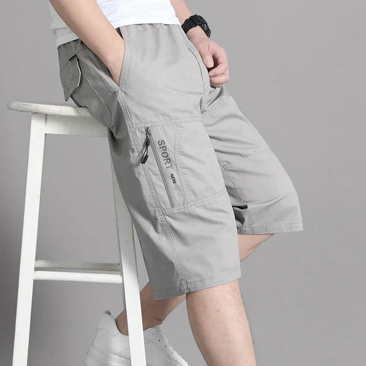 Mens Cargo Shorts Knee Pants Zipper Pocket Summer Cotton Shorts Climbing Jogger Elastic Waist Sports Wear Casual Short Pants