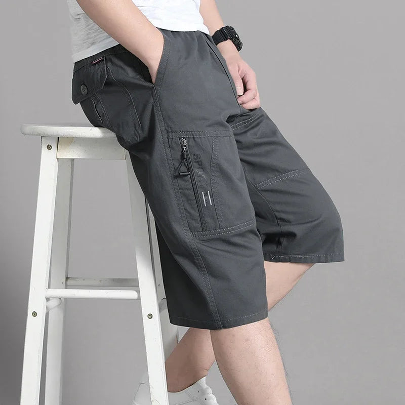 Mens Cargo Shorts Knee Pants Zipper Pocket Summer Cotton Shorts Climbing Jogger Elastic Waist Sports Wear Casual Short Pants