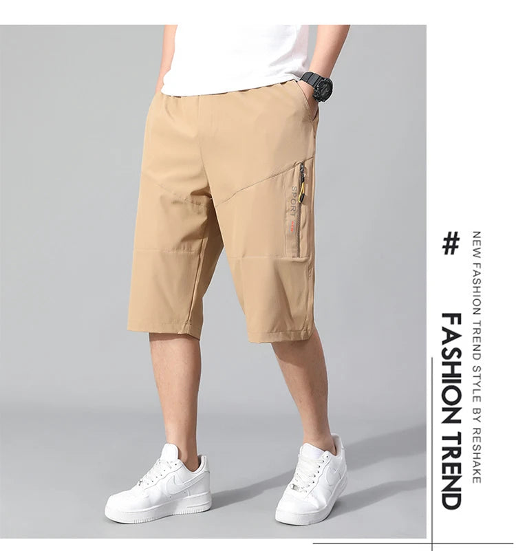 Mens Cargo Shorts Knee Pants Zipper Pocket Summer Cotton Shorts Climbing Jogger Elastic Waist Sports Wear Casual Short Pants