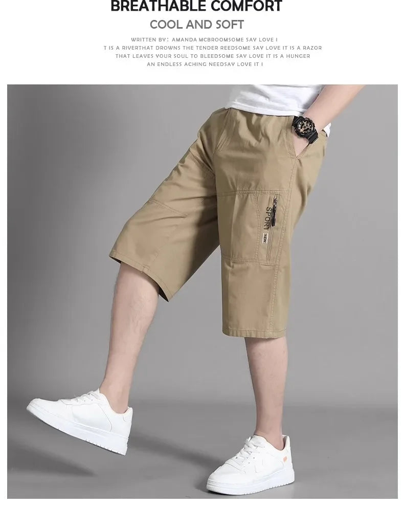 Mens Cargo Shorts Knee Pants Zipper Pocket Summer Cotton Shorts Climbing Jogger Elastic Waist Sports Wear Casual Short Pants