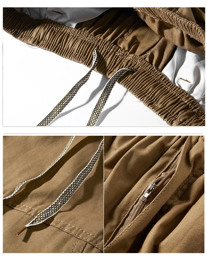 Mens Cargo Shorts Knee Pants Zipper Pocket Summer Cotton Shorts Climbing Jogger Elastic Waist Sports Wear Casual Short Pants