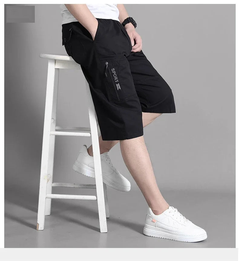 Mens Cargo Shorts Knee Pants Zipper Pocket Summer Cotton Shorts Climbing Jogger Elastic Waist Sports Wear Casual Short Pants