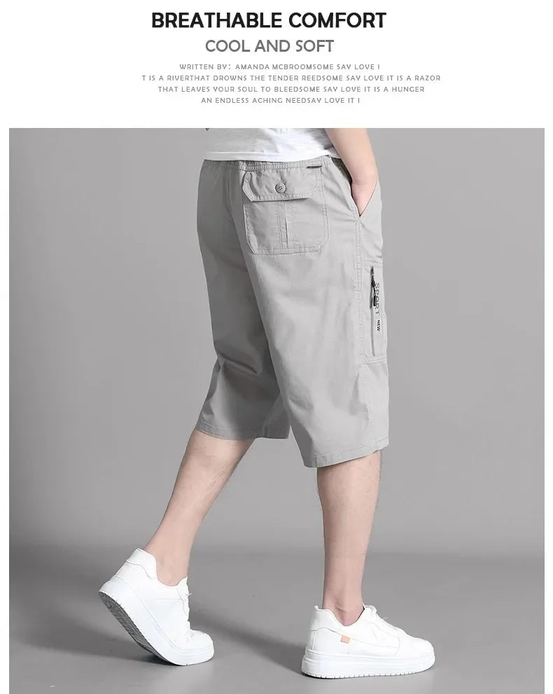 Mens Cargo Shorts Knee Pants Zipper Pocket Summer Cotton Shorts Climbing Jogger Elastic Waist Sports Wear Casual Short Pants