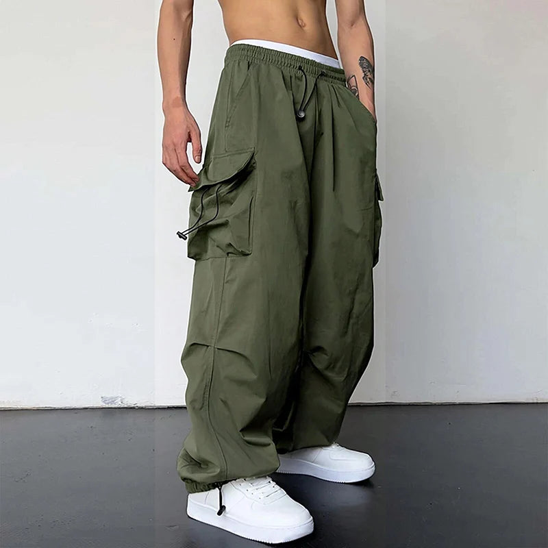 Men's Casual Cargo Pants Fashion Streetwear Classic Man Straight Wide-leg Pants Drawstring Workwear Trendy Loose Cargo Trousers