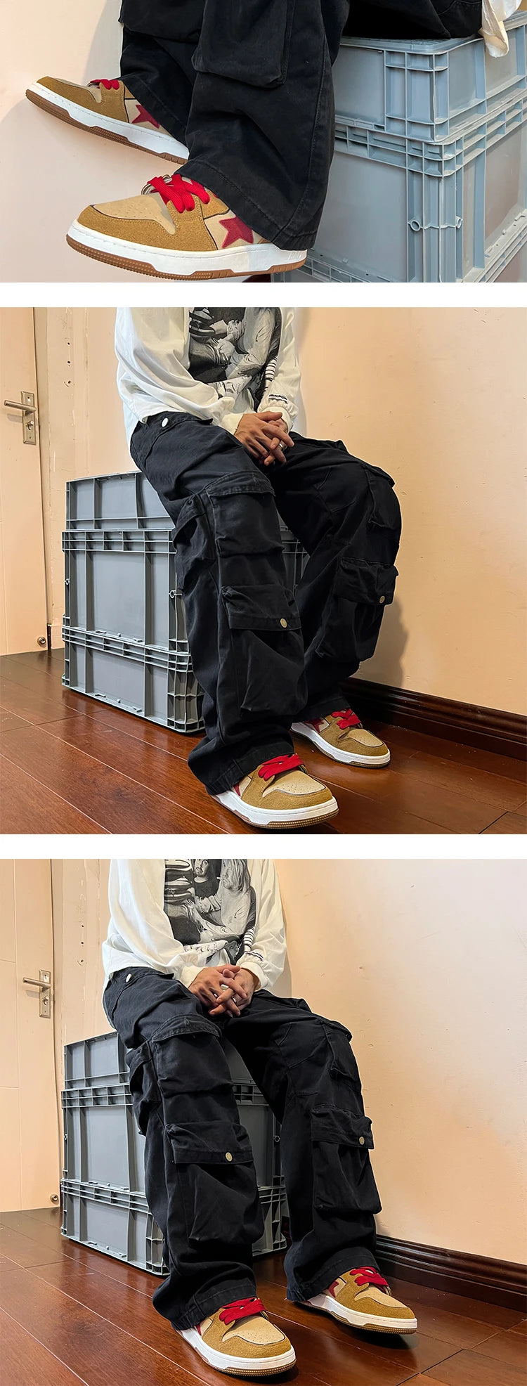 2025 Men Cargo Pants Multi-Pockets Tool Pants Harajuku Mens Vintage Loose Wide Leg Pants Streetwear Casual Hip-Hop Trousers
