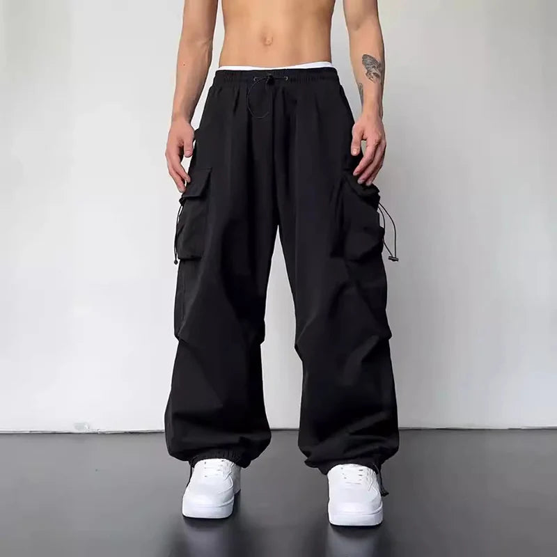 Men's Casual Cargo Pants Fashion Streetwear Classic Man Straight Wide-leg Pants Drawstring Workwear Trendy Loose Cargo Trousers