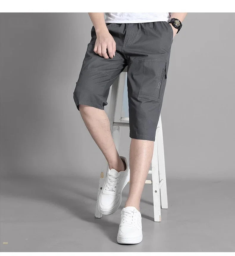 Mens Cargo Shorts Knee Pants Zipper Pocket Summer Cotton Shorts Climbing Jogger Elastic Waist Sports Wear Casual Short Pants