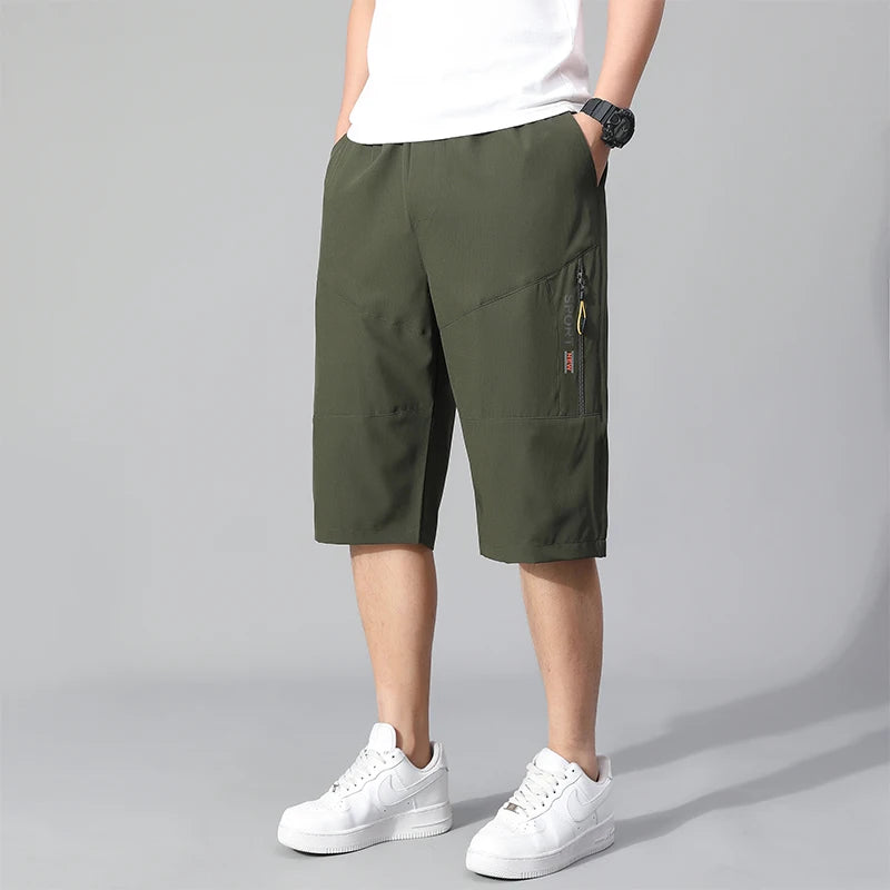 Mens Cargo Shorts Knee Pants Zipper Pocket Summer Cotton Shorts Climbing Jogger Elastic Waist Sports Wear Casual Short Pants