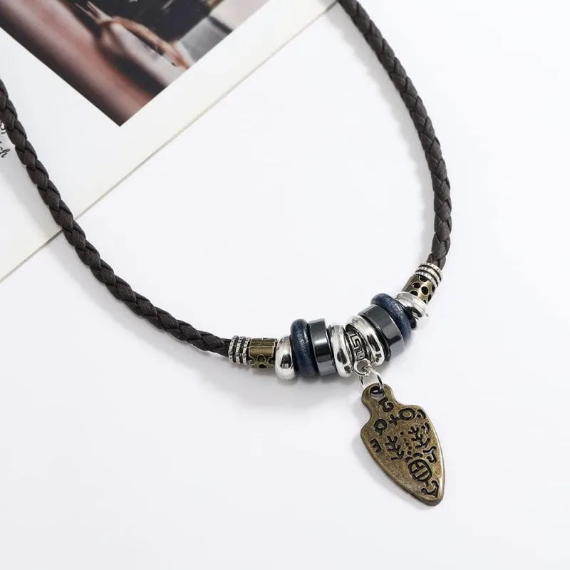 Men Women Leather Necklace Vintage Tribal Style Boho Hipppie Black Braided Beaded Necklaces with Charm Pendant for Daily Use