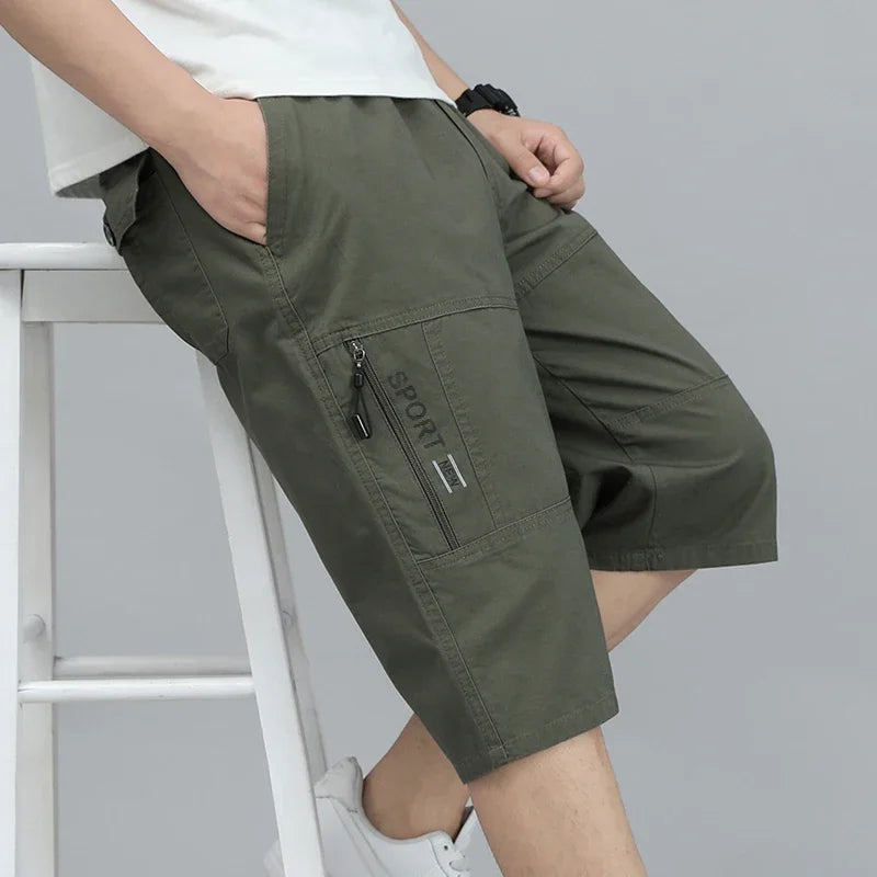 Mens Cargo Shorts Knee Pants Zipper Pocket Summer Cotton Shorts Climbing Jogger Elastic Waist Sports Wear Casual Short Pants