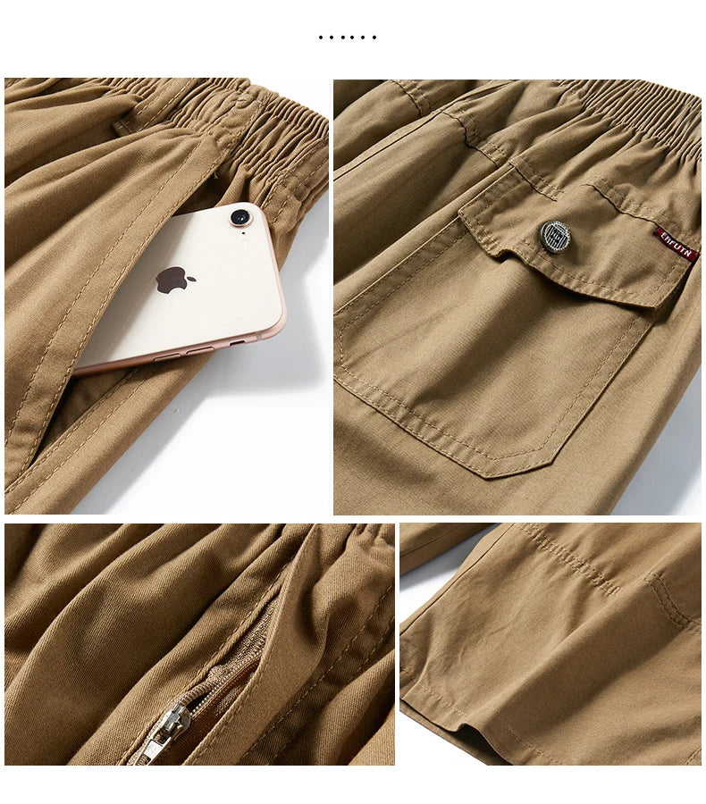 Mens Cargo Shorts Knee Pants Zipper Pocket Summer Cotton Shorts Climbing Jogger Elastic Waist Sports Wear Casual Short Pants