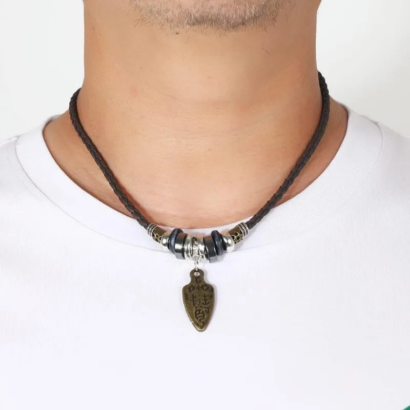 Men Women Leather Necklace Vintage Tribal Style Boho Hipppie Black Braided Beaded Necklaces with Charm Pendant for Daily Use
