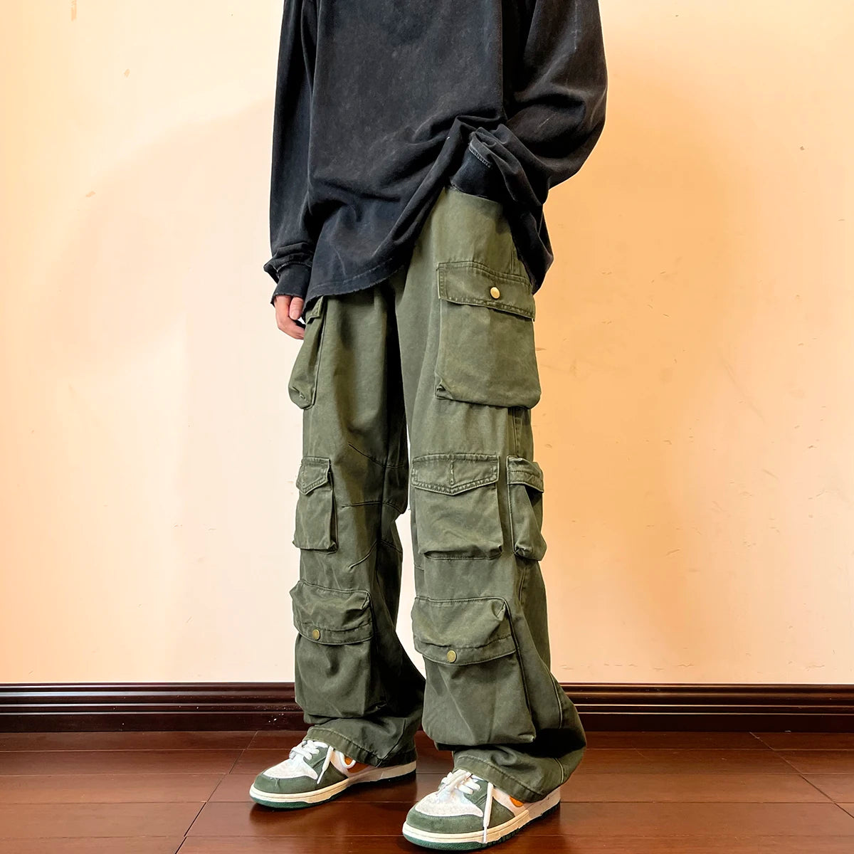 2025 Men Cargo Pants Multi-Pockets Tool Pants Harajuku Mens Vintage Loose Wide Leg Pants Streetwear Casual Hip-Hop Trousers