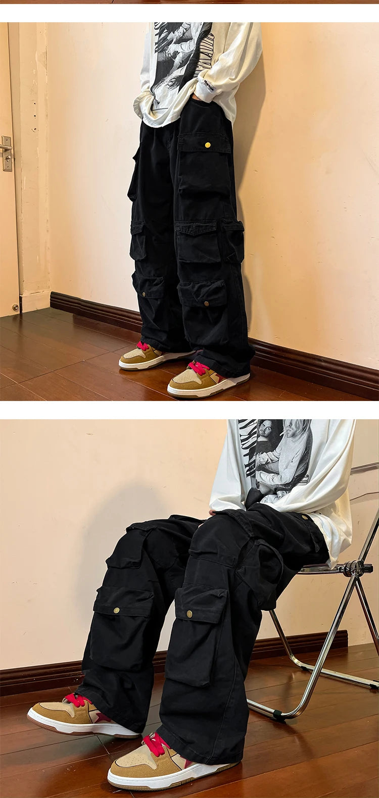 2025 Men Cargo Pants Multi-Pockets Tool Pants Harajuku Mens Vintage Loose Wide Leg Pants Streetwear Casual Hip-Hop Trousers