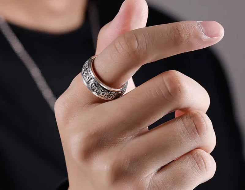 Classic Rotating Mens Rings Silver 925 Simple Original Design Six-character Mantra Ring Masculine and Handsome Banquet Jewelry