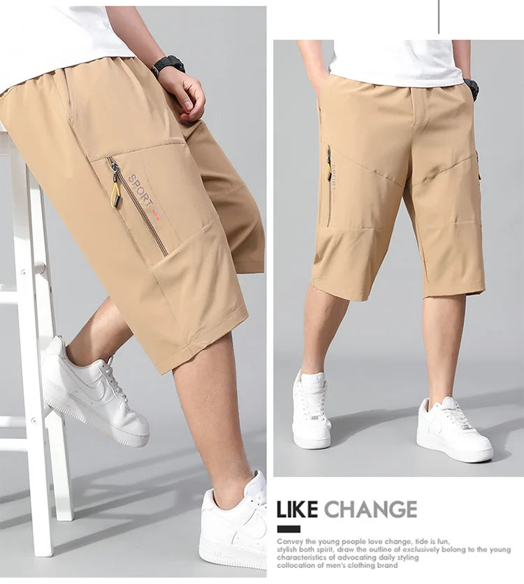 Mens Cargo Shorts Knee Pants Zipper Pocket Summer Cotton Shorts Climbing Jogger Elastic Waist Sports Wear Casual Short Pants