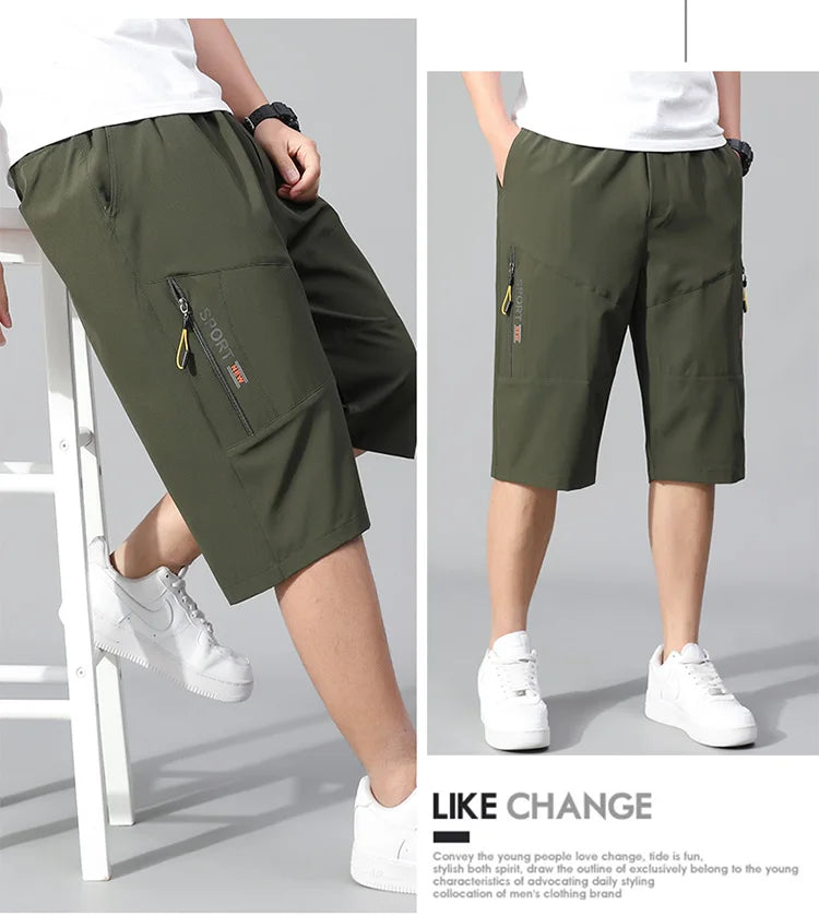 Mens Cargo Shorts Knee Pants Zipper Pocket Summer Cotton Shorts Climbing Jogger Elastic Waist Sports Wear Casual Short Pants