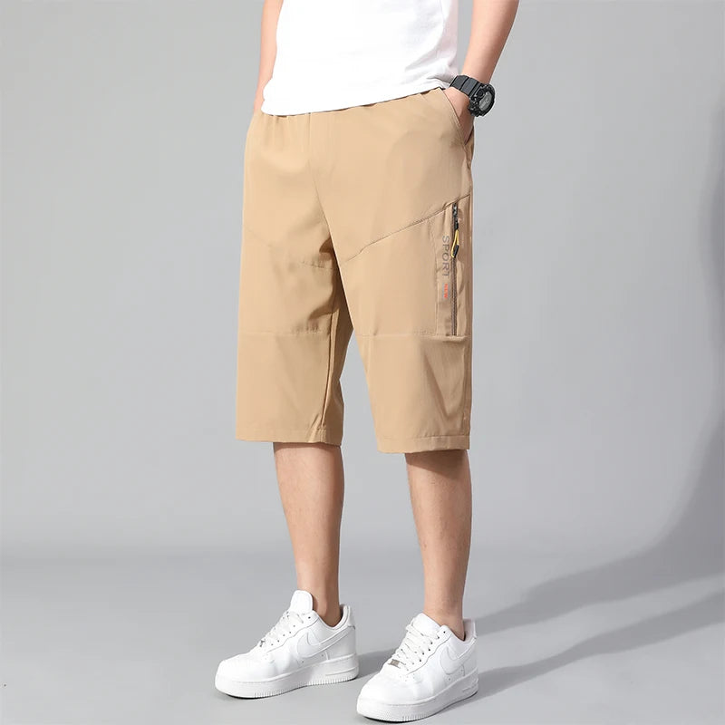 Mens Cargo Shorts Knee Pants Zipper Pocket Summer Cotton Shorts Climbing Jogger Elastic Waist Sports Wear Casual Short Pants