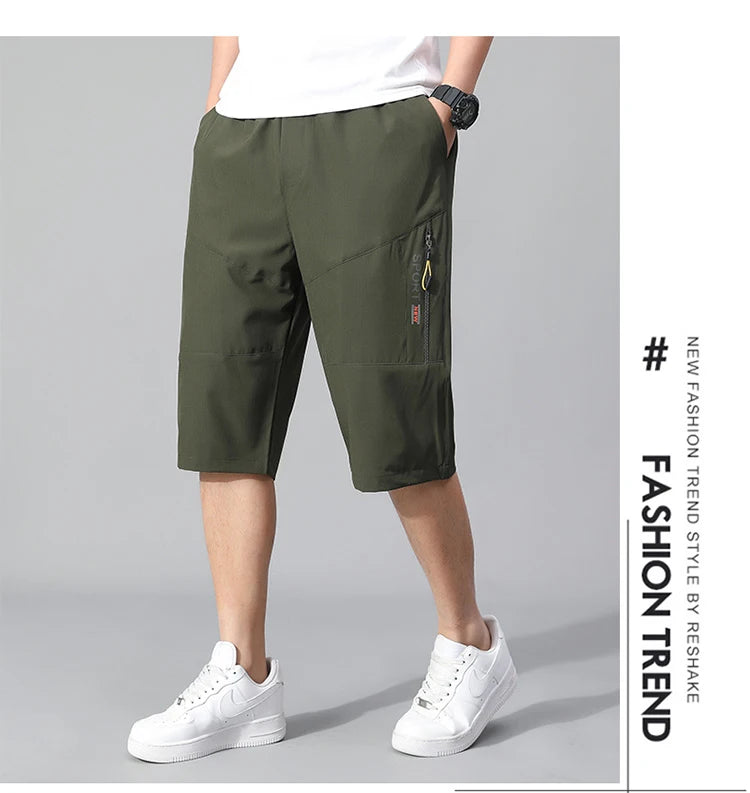 Mens Cargo Shorts Knee Pants Zipper Pocket Summer Cotton Shorts Climbing Jogger Elastic Waist Sports Wear Casual Short Pants
