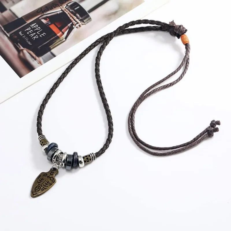 Men Women Leather Necklace Vintage Tribal Style Boho Hipppie Black Braided Beaded Necklaces with Charm Pendant for Daily Use