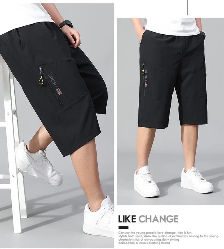 Mens Cargo Shorts Knee Pants Zipper Pocket Summer Cotton Shorts Climbing Jogger Elastic Waist Sports Wear Casual Short Pants