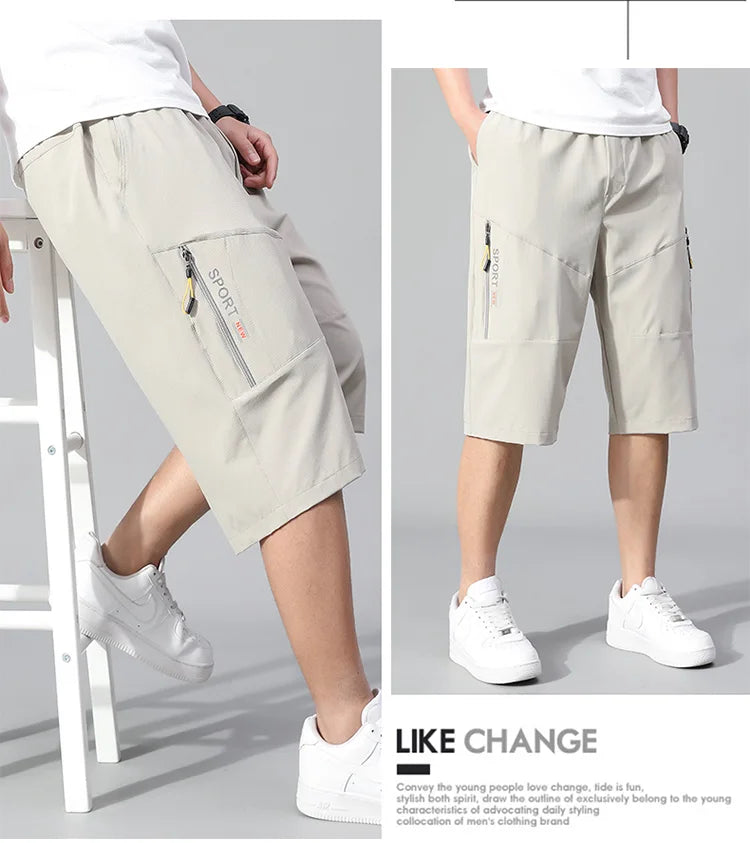 Mens Cargo Shorts Knee Pants Zipper Pocket Summer Cotton Shorts Climbing Jogger Elastic Waist Sports Wear Casual Short Pants