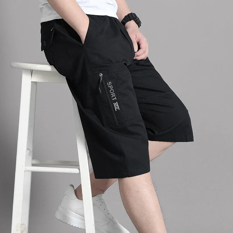 Mens Cargo Shorts Knee Pants Zipper Pocket Summer Cotton Shorts Climbing Jogger Elastic Waist Sports Wear Casual Short Pants