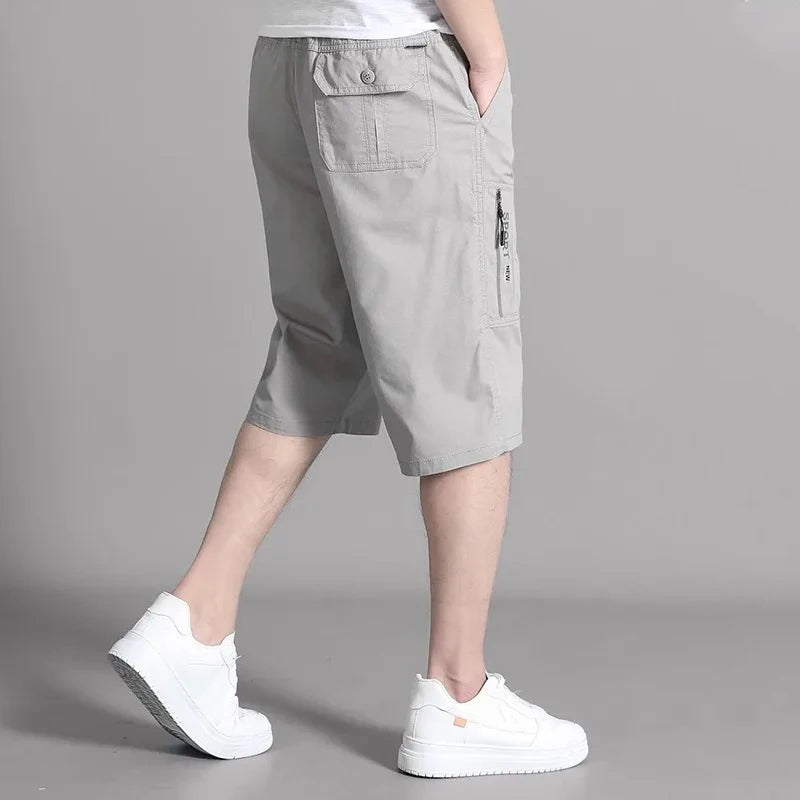 Mens Cargo Shorts Knee Pants Zipper Pocket Summer Cotton Shorts Climbing Jogger Elastic Waist Sports Wear Casual Short Pants