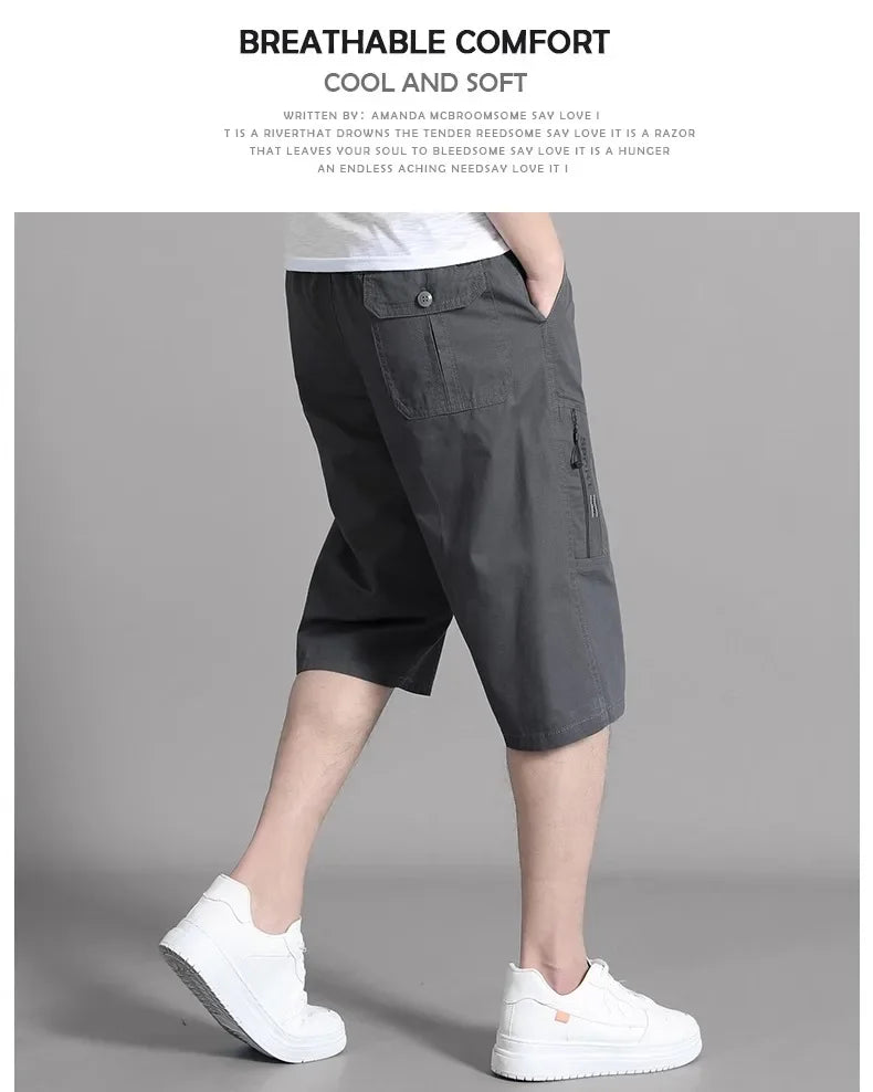 Mens Cargo Shorts Knee Pants Zipper Pocket Summer Cotton Shorts Climbing Jogger Elastic Waist Sports Wear Casual Short Pants